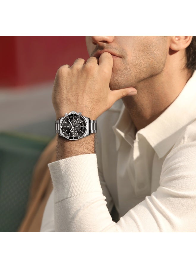 سافيرو ساعة سابفيرو كرونوغراف رجالية من الفولاذ المقاوم للصدأ، مقاومة للماء حتى عمق 50 مترًا، ساعة كوارتز تناظرية مع عرض التاريخ، ساعة كلاسيكية فاخرة وأنيقة، هدية مثالية للرجال. - Image 3